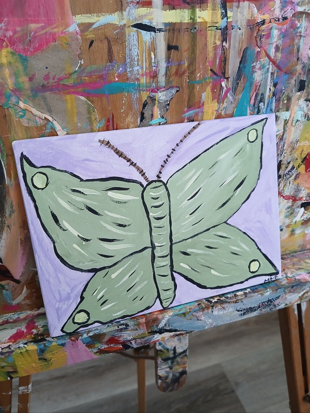 Green Butterfly Painting Folk Art